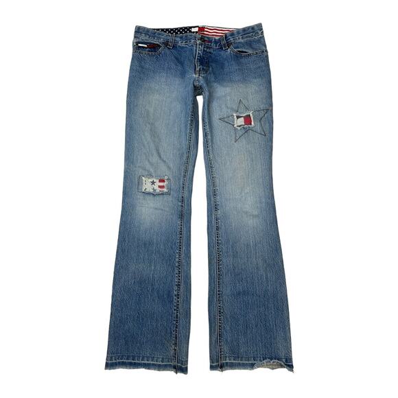 Tommy Hilfiger VTG Y2K Mid Rise Bootcut Jeans Flag Patches Stars FLAW 7 Jrs - Picture 1 of 10